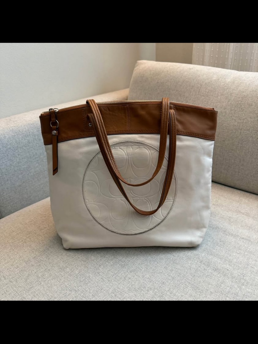 Coach White Leather Tote with Brown Leather Trim